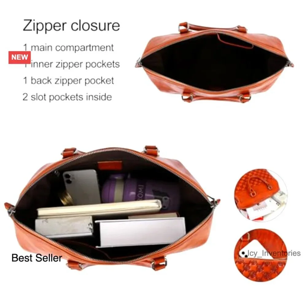 Genuine Leather Satchel Tote Top Handle Bag with Detachable Strap